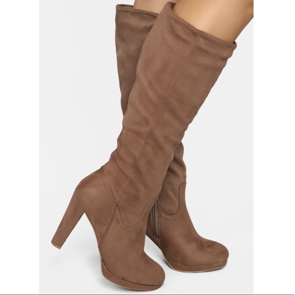 Fashion Nova Shoes - Suede Taupe Fashion Nova Heeled Boots